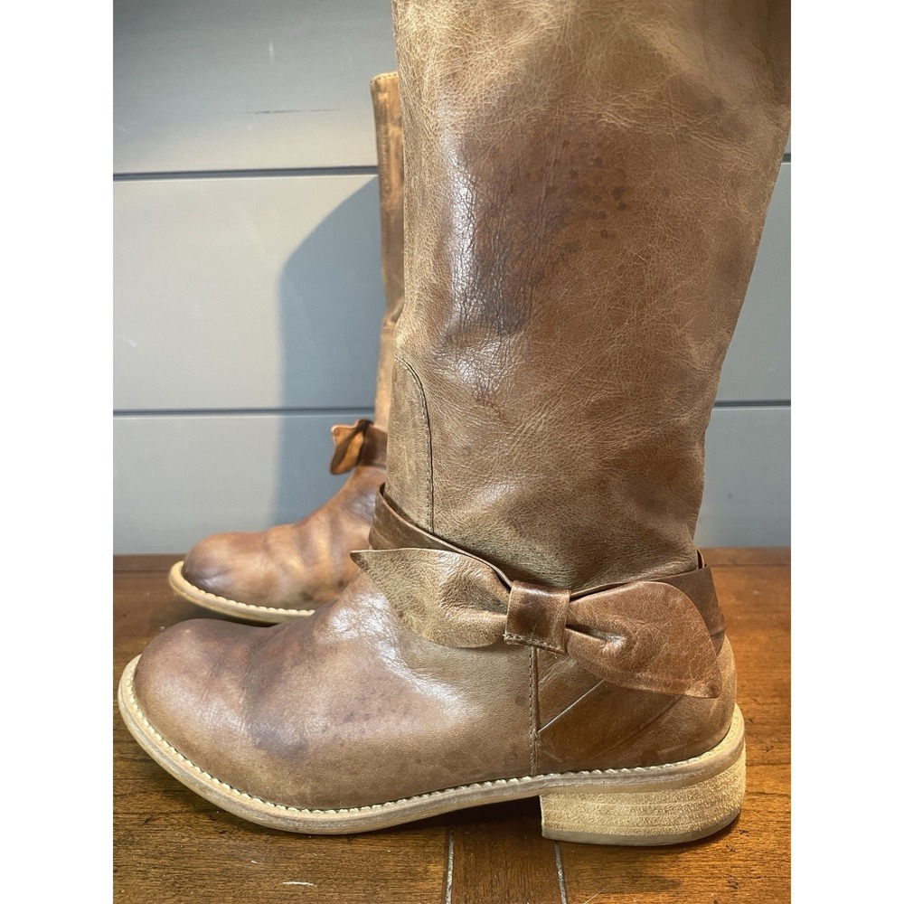Miss Albright Mid Calf Leather Side Strap Bow Light Brown/Tan Womens 6.5 Boots - Picture 2 of 8